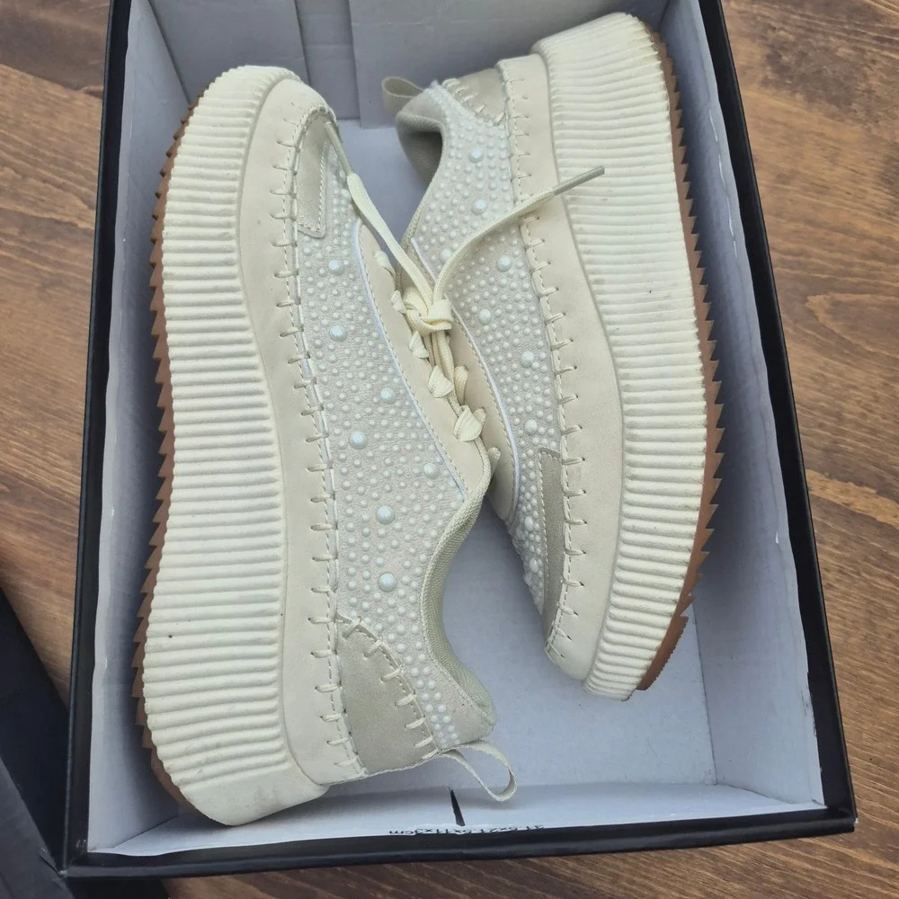 Nicole Miller New York Brita Pearl Multi Platform Sneakers Women 7 Pearl Studded